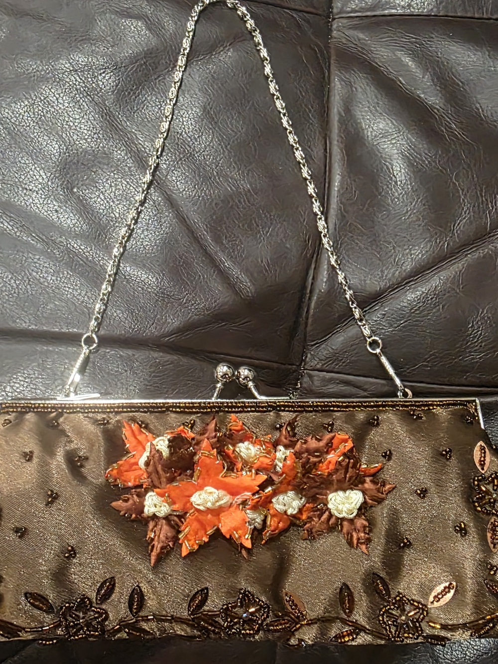 Brown Satin Evening Clutch with Orange Floral Appliqué